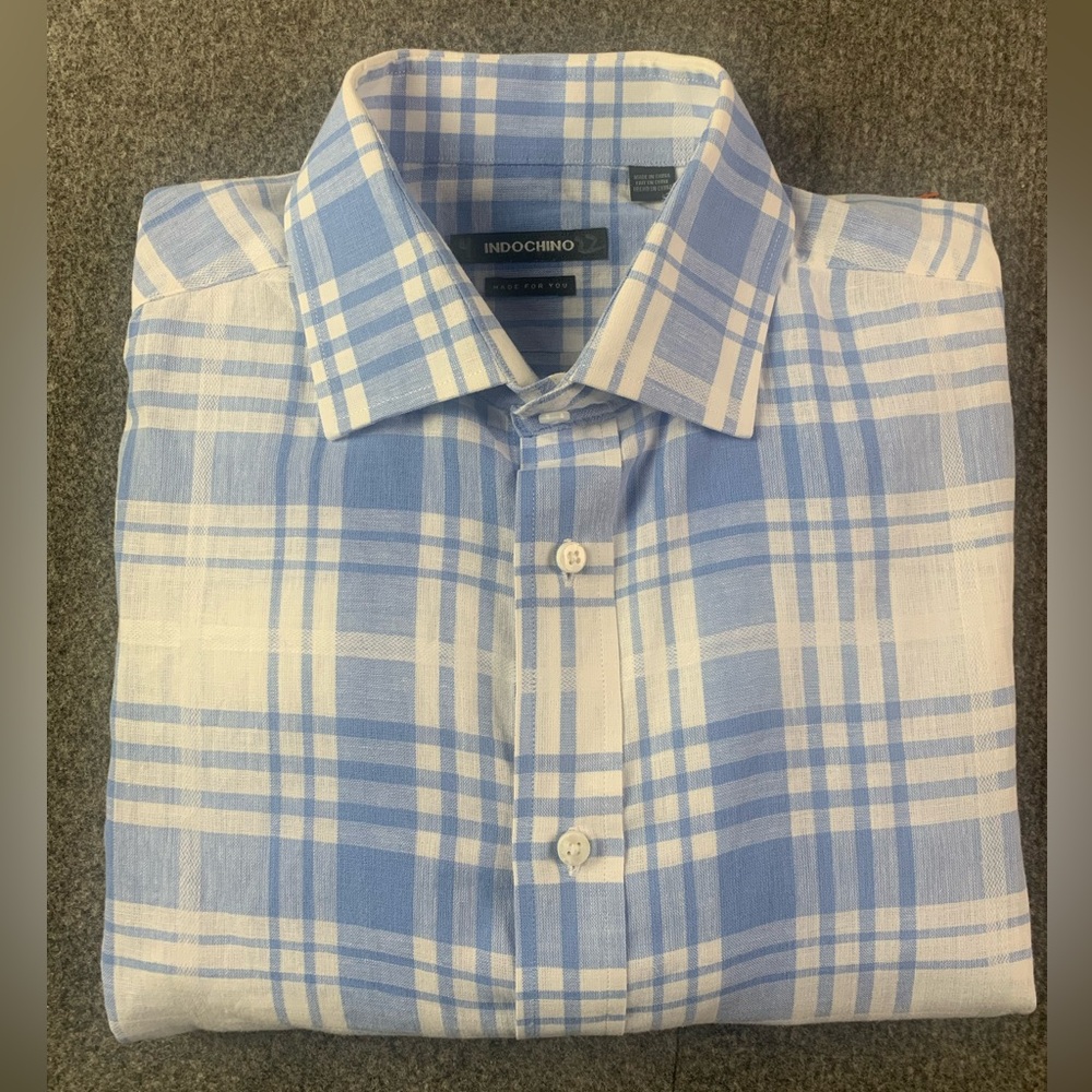 Indochino Mens Linen/Cotton Blend Long Sleeve Plaid Shirt Size XL Blue/White
